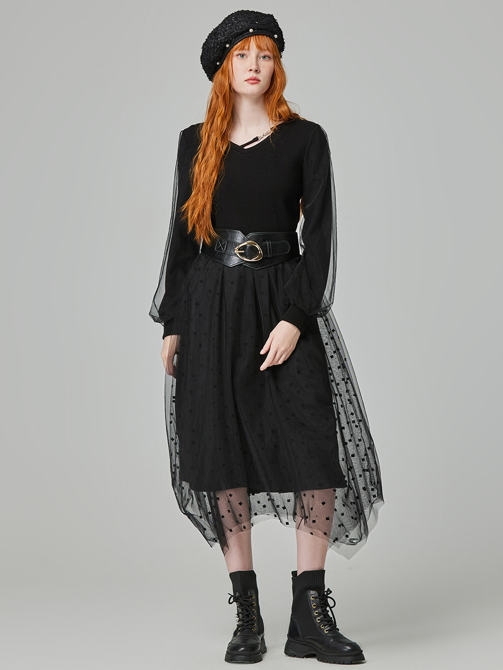 abito氣質V領網紗洋裝