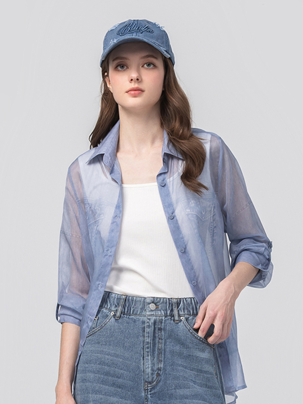 abito單寧印花透膚襯衫上衣