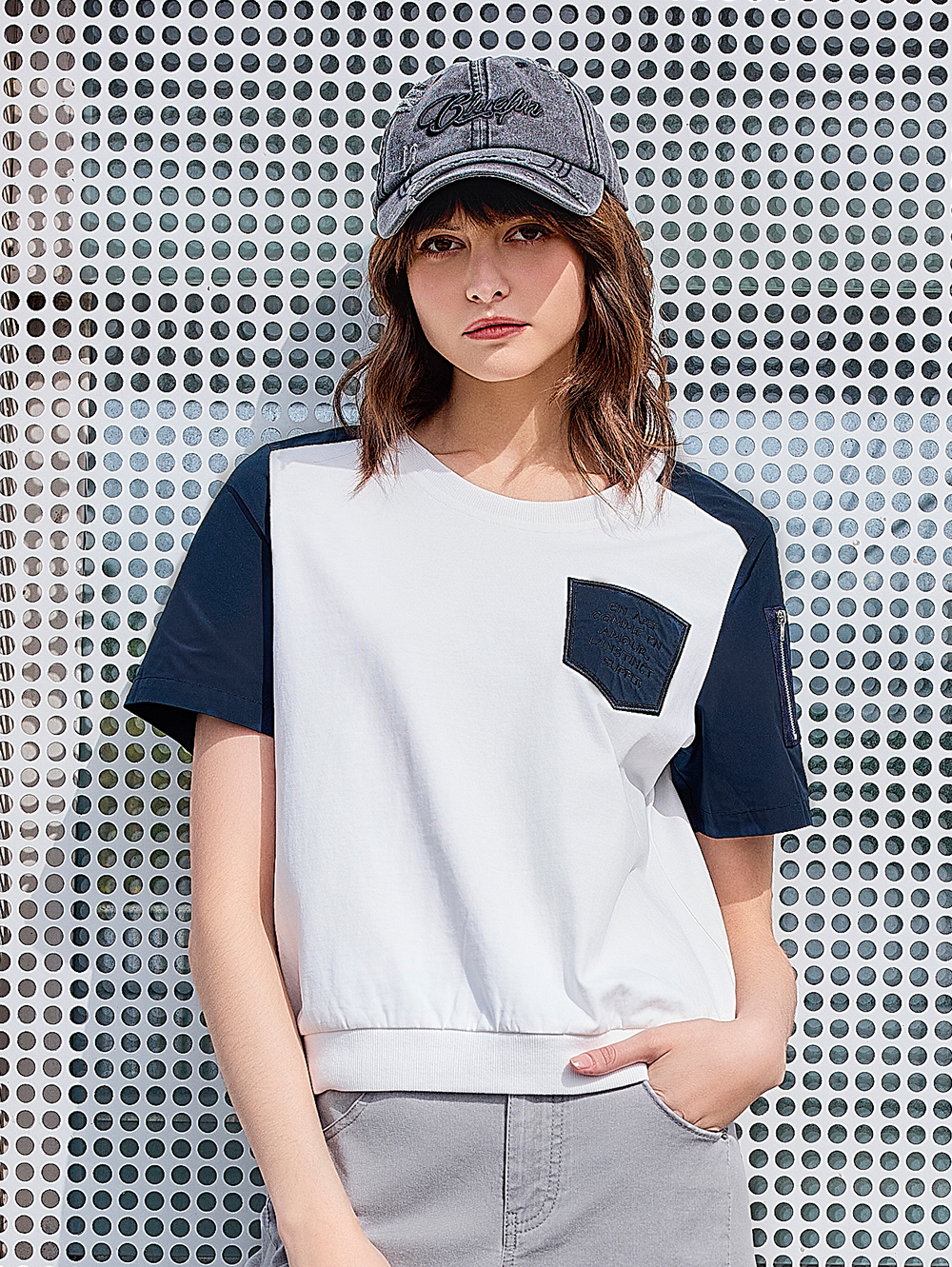 abito個性材質拼接短袖上衣