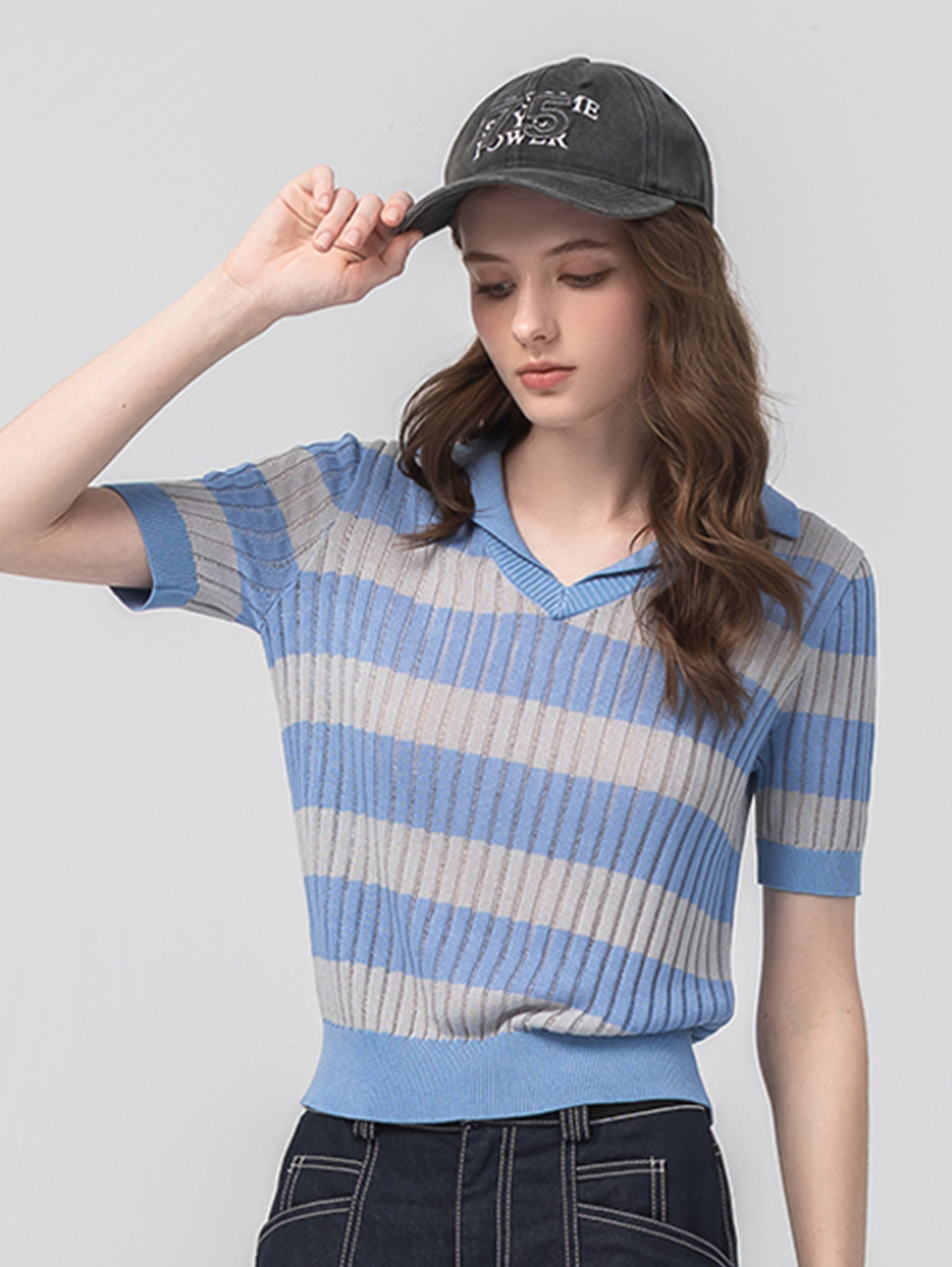 abito氣質條紋翻領針織上衣