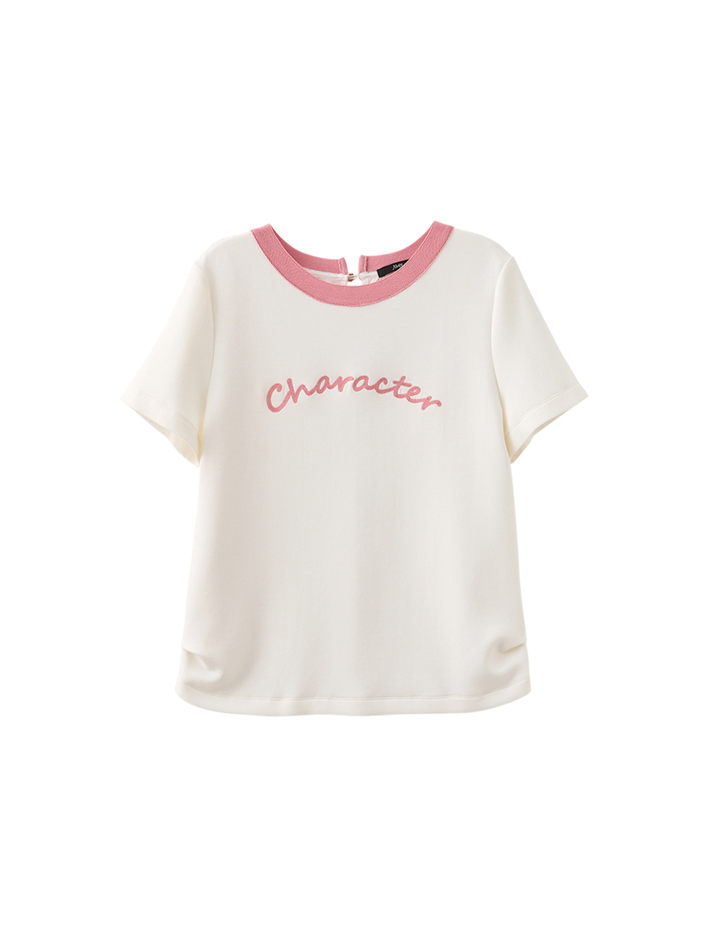 JOAN異材質撞色領口標語電繡T恤