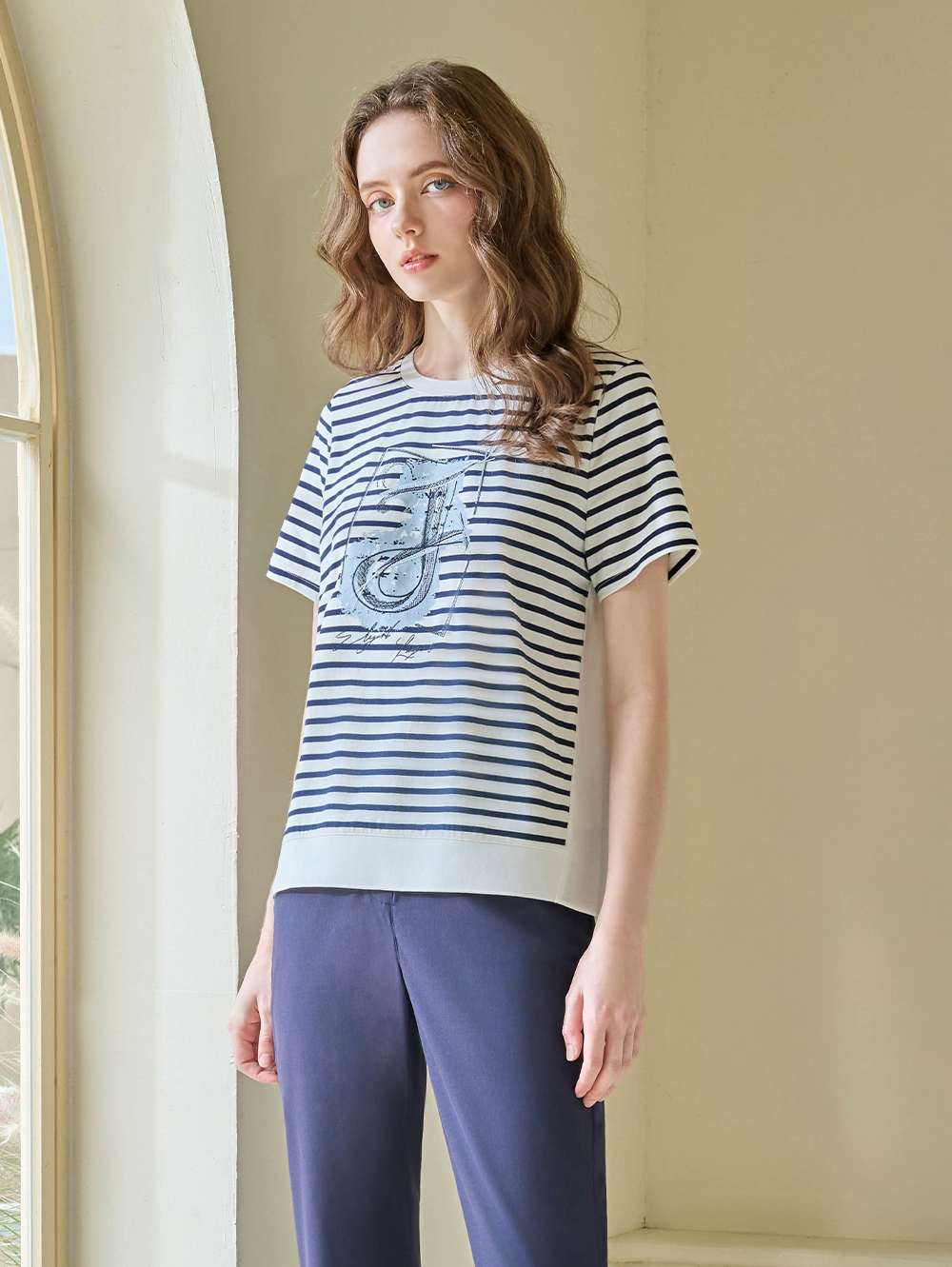 JOAN前棉後織拼接條紋上衣