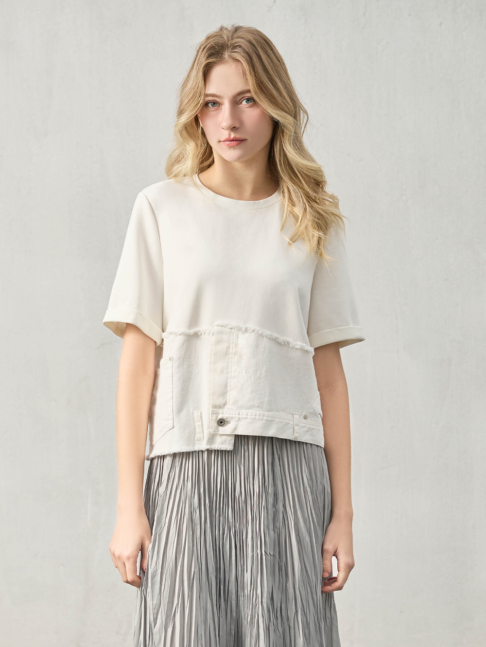 DENOVO設計感拼接牛仔空氣棉T恤