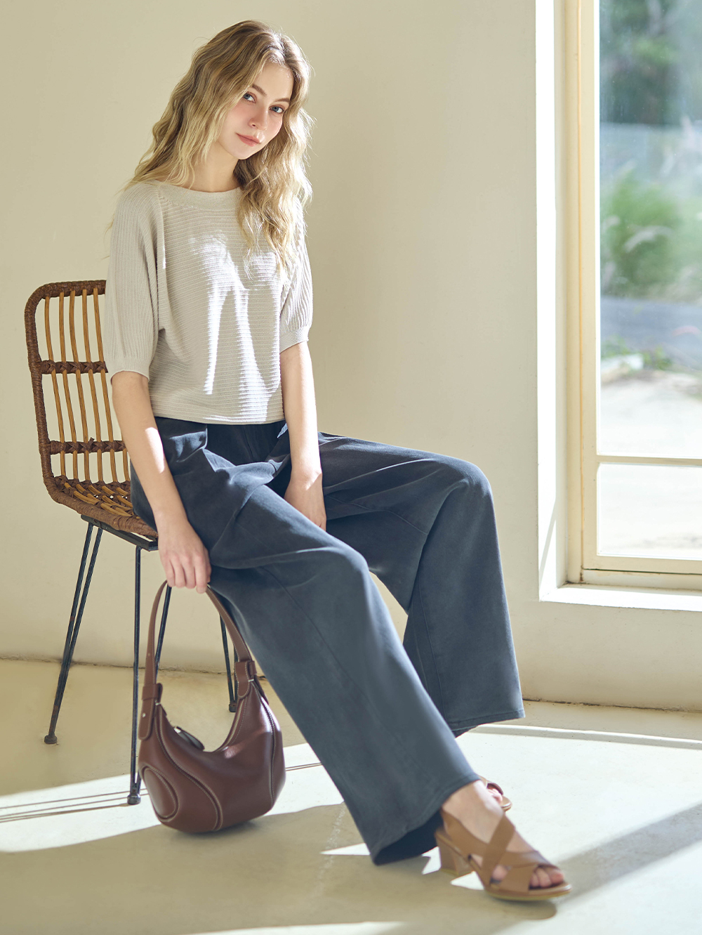 DENOVO立體剪裁漸層洗色牛仔寬褲