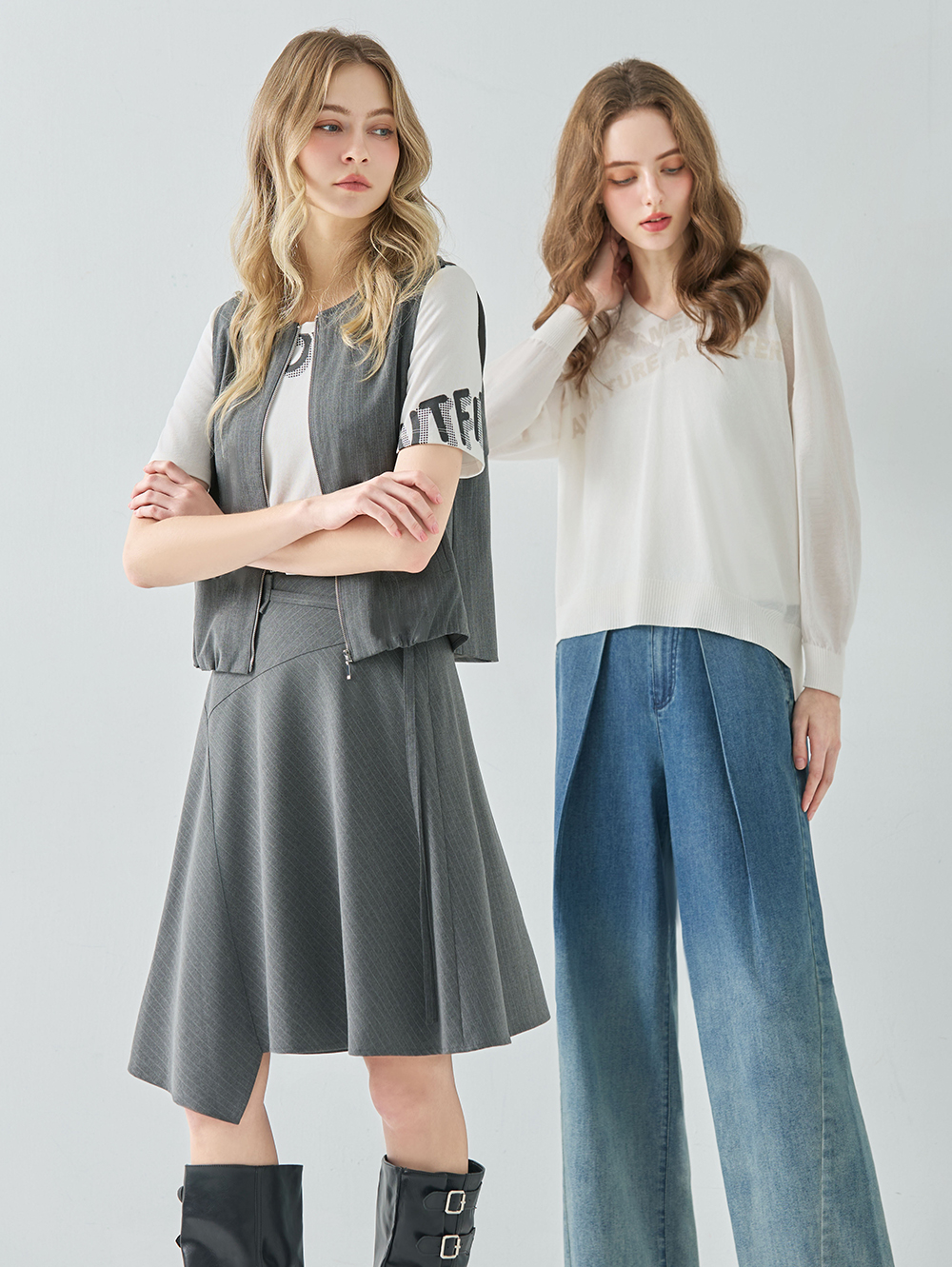 DENOVO不對稱結構都會條紋西裝裙