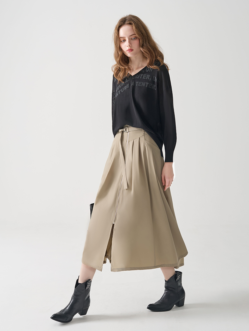 DENOVO腰帶設計拉鍊打摺開岔長裙