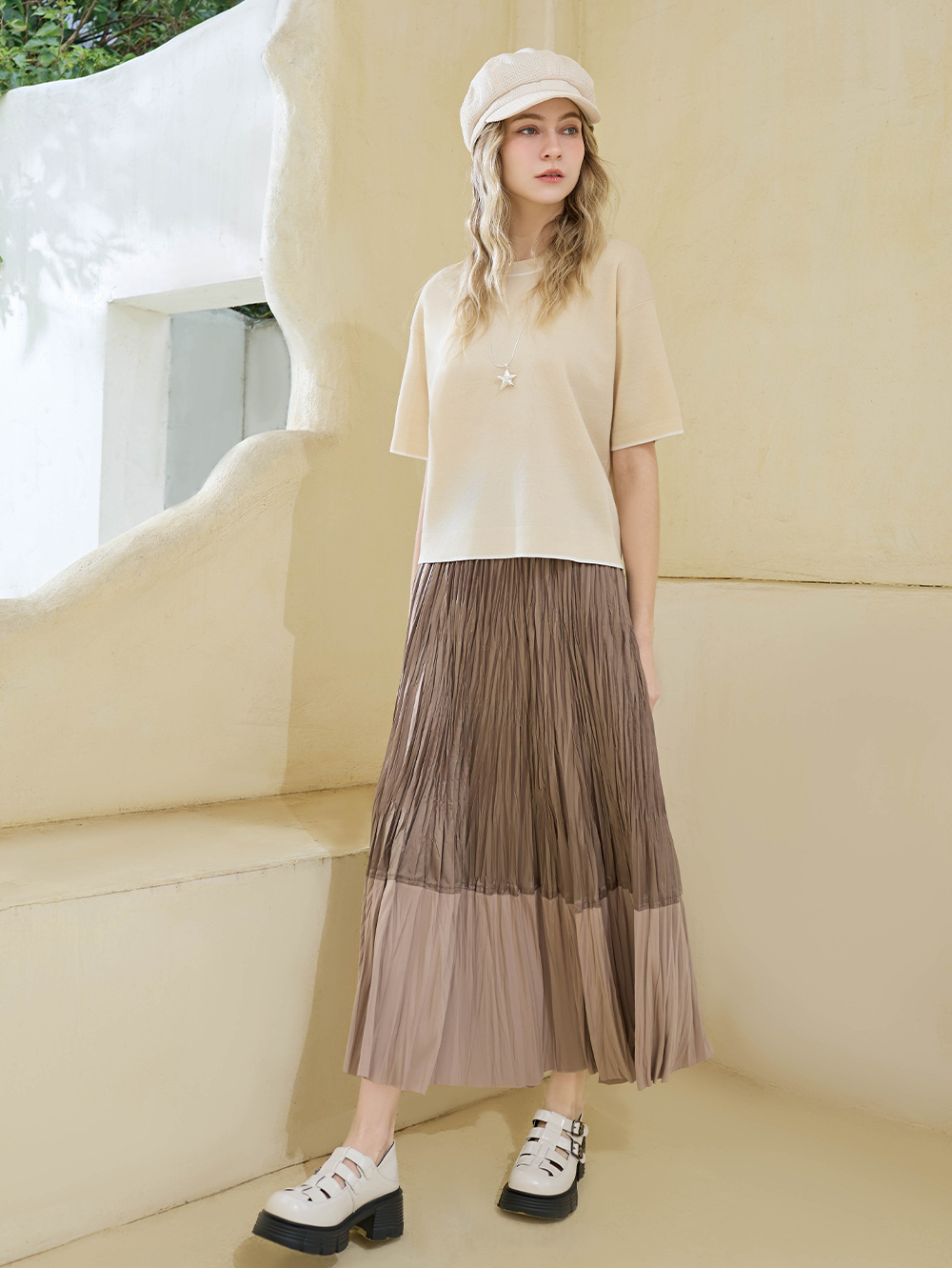 DENOVO都會感層次拼接壓褶長裙