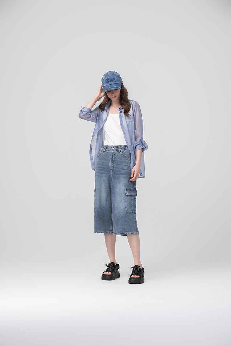 abito單寧印花透膚襯衫上衣