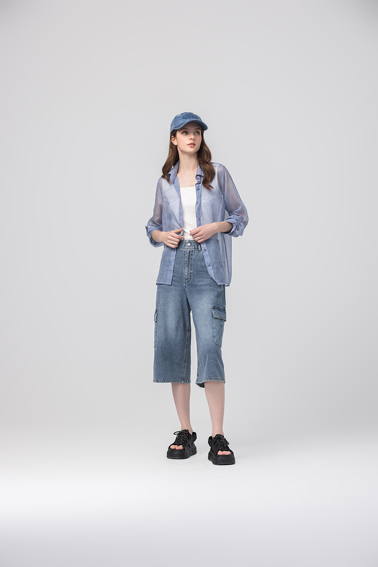 abito單寧印花透膚襯衫上衣