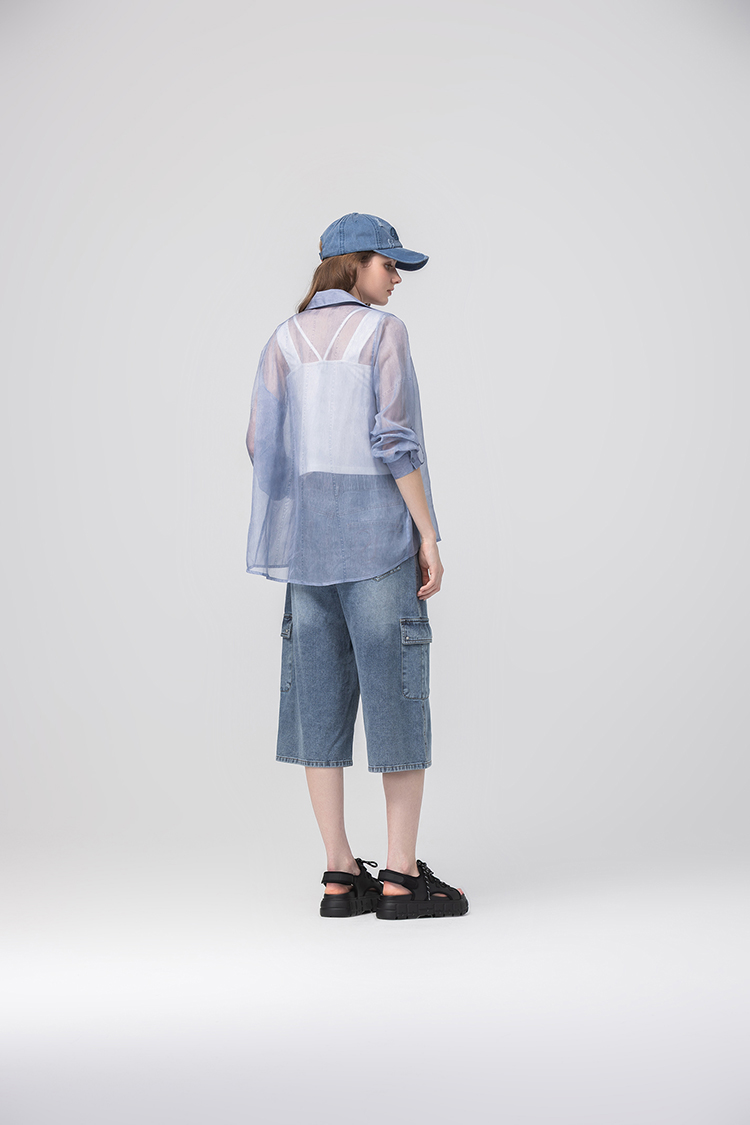 abito單寧印花透膚襯衫上衣