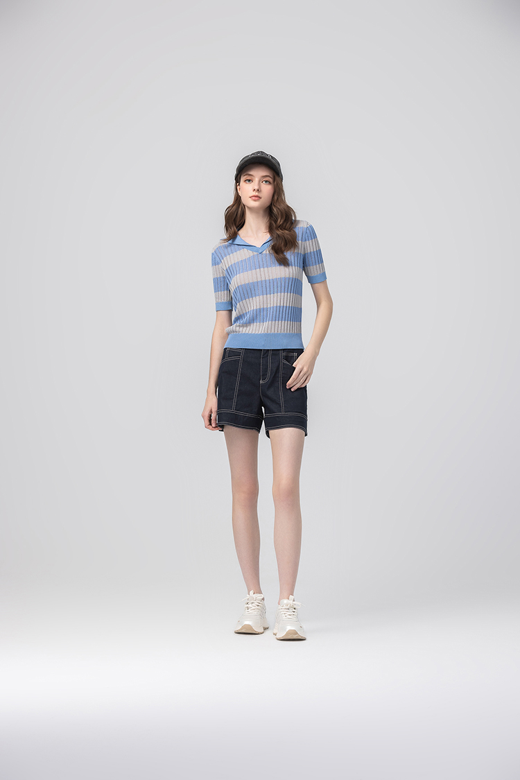 abito氣質條紋翻領針織上衣