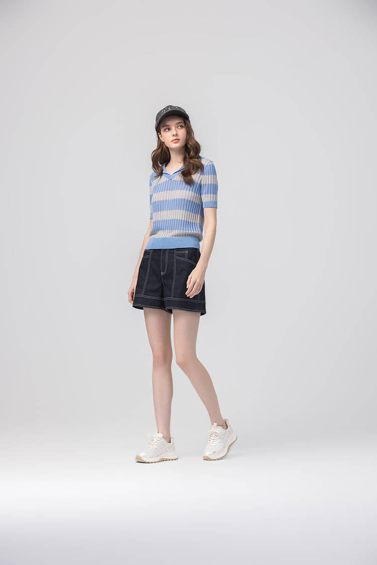 abito氣質條紋翻領針織上衣