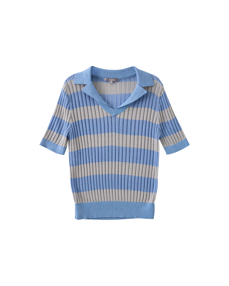 abito氣質條紋翻領針織上衣