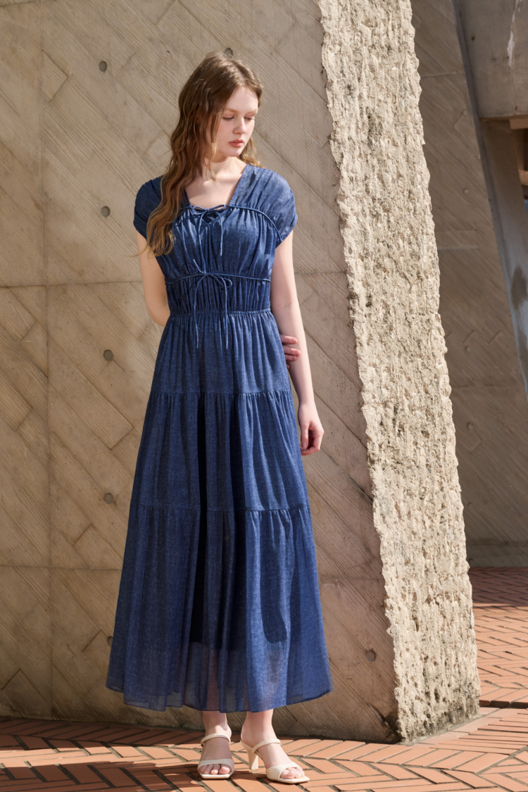 JOAN法式抽繩收腰層次長洋裝