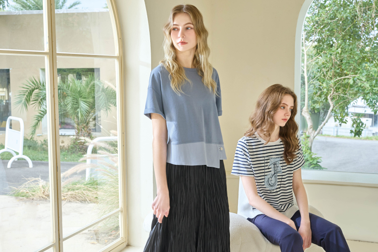 JOAN前棉後織拼接條紋上衣