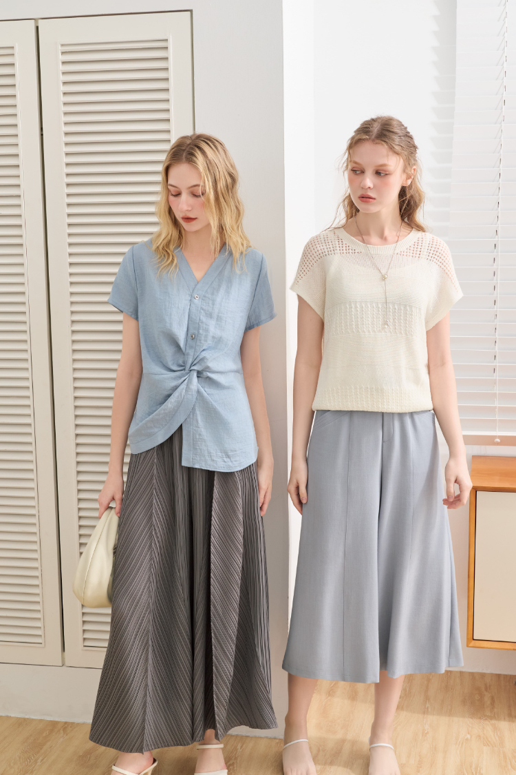 JOAN都會感流線壓褶寬褲裙