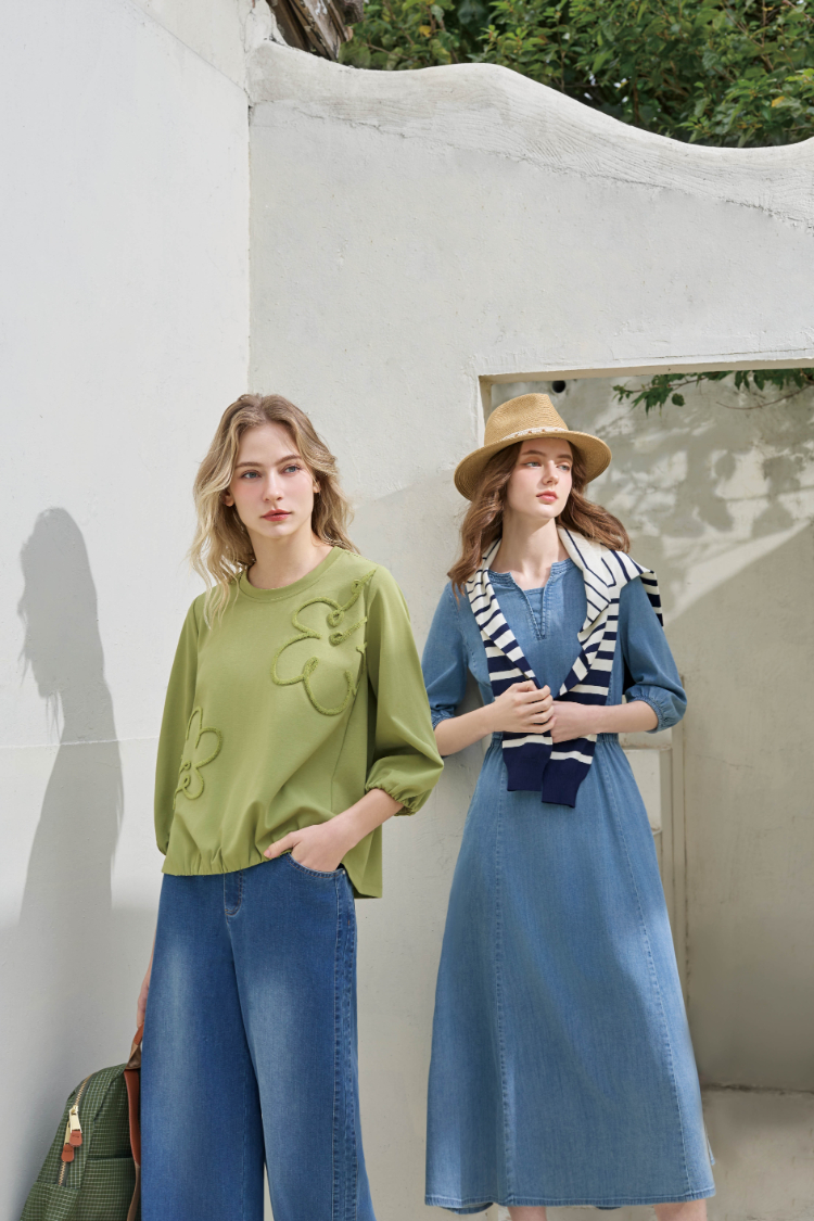 JOAN輕丹寧收腰七分袖洋裝