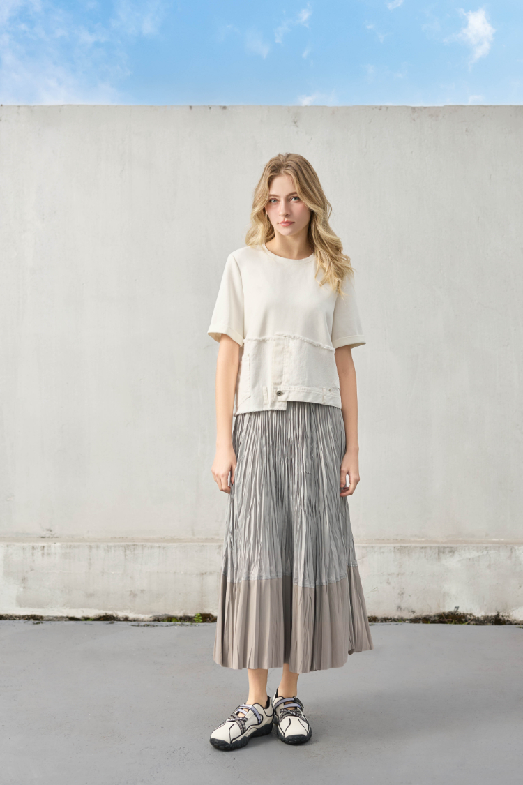 DENOVO設計感拼接牛仔空氣棉T恤