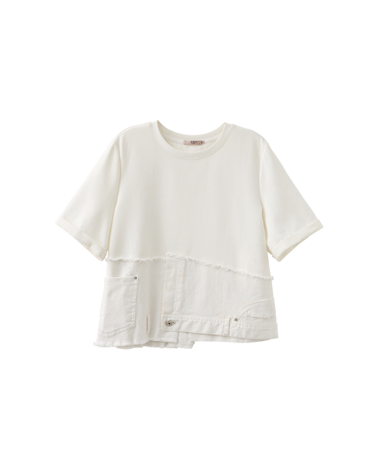 DENOVO設計感拼接牛仔空氣棉T恤