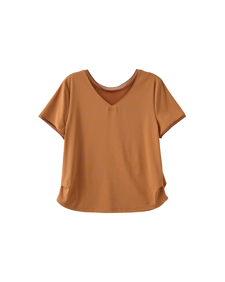 DENOVO透膚拼接設計感V領上衣