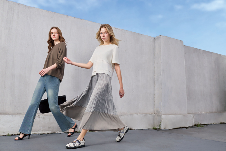 DENOVO都會感層次拼接壓褶長裙