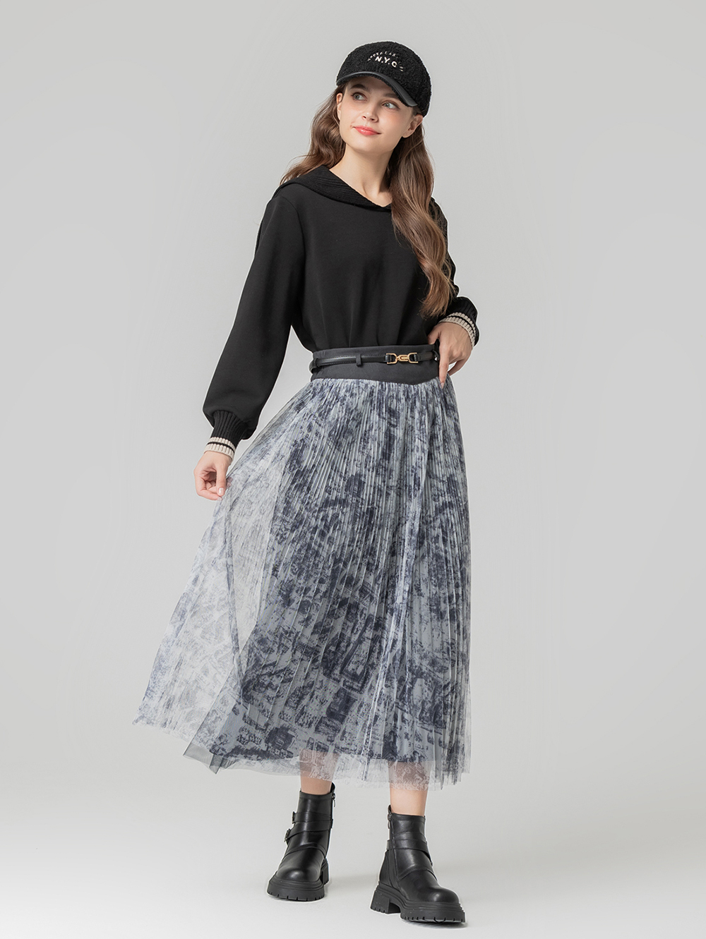 abito特殊印花細褶紗裙