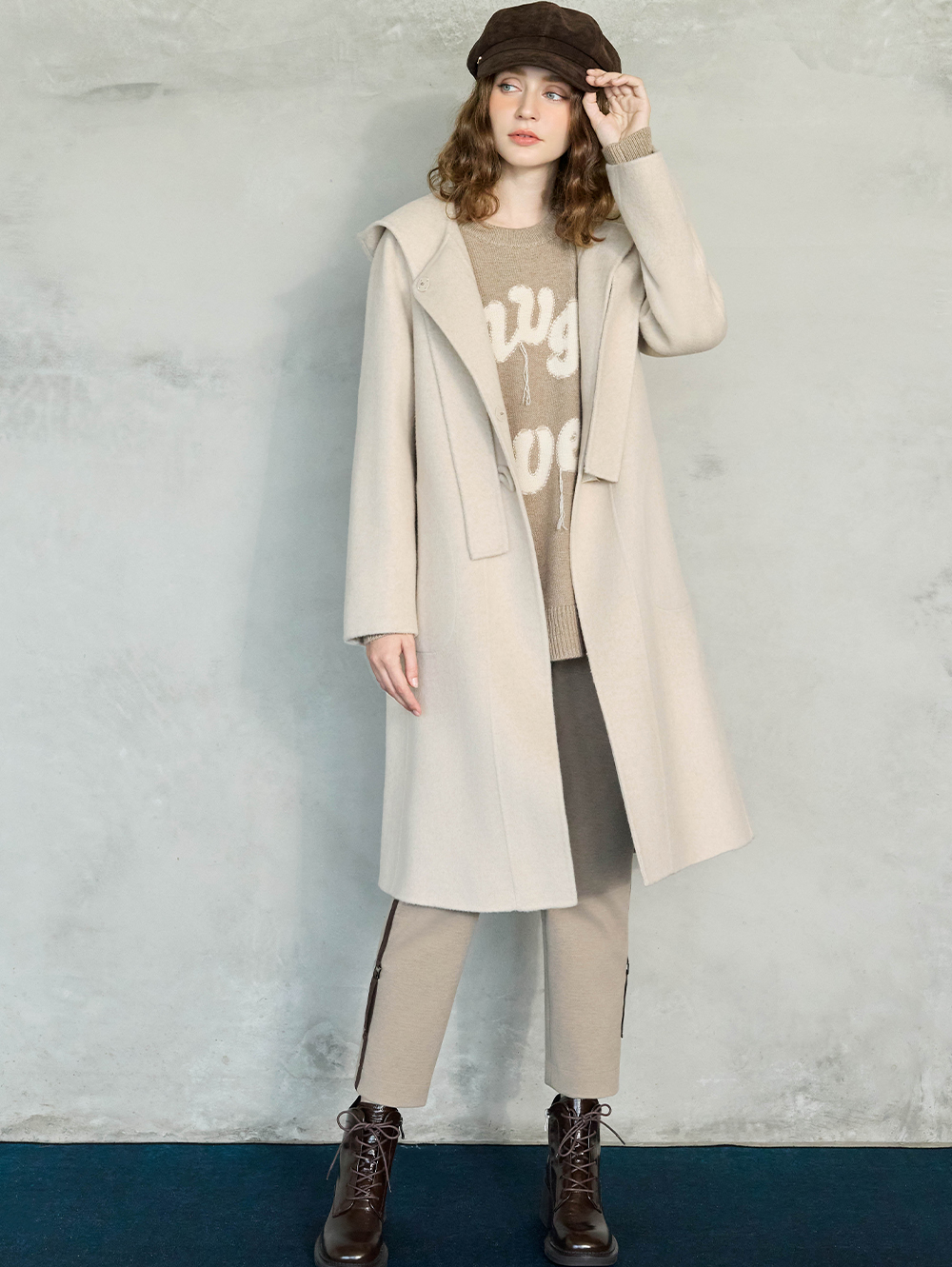 JOAN磨毛拼接直筒褲