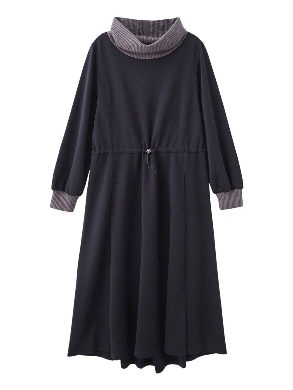 JOAN異材質高領抽繩收腰洋裝