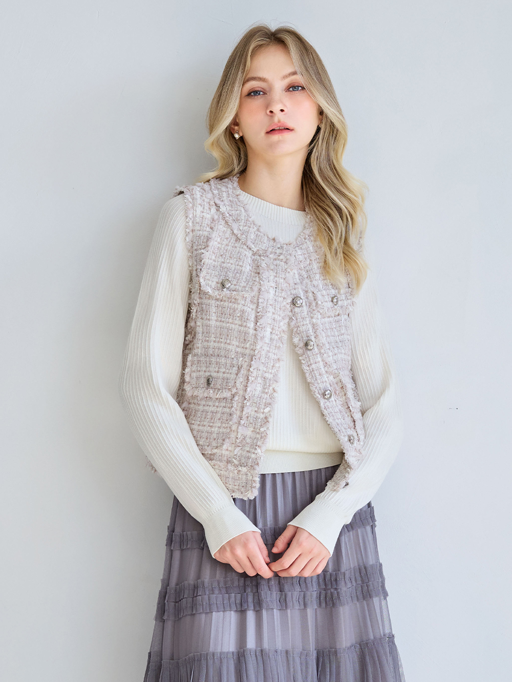 JOAN異材質拼接小香風背心