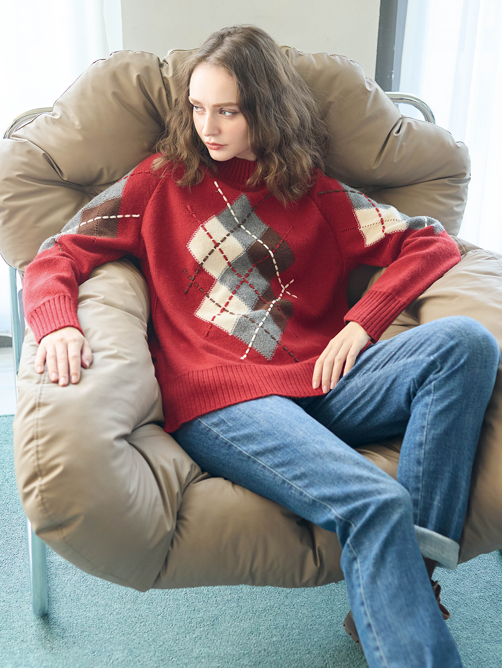 JOAN經典菱格紋修身針織上衣