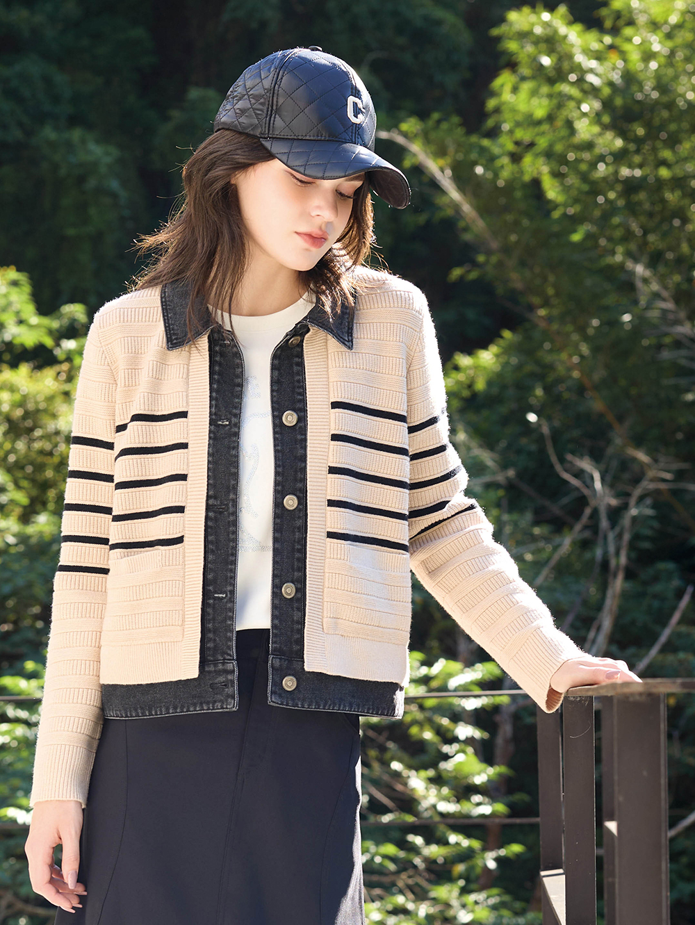 JOAN牛仔拼接條紋針織短外套