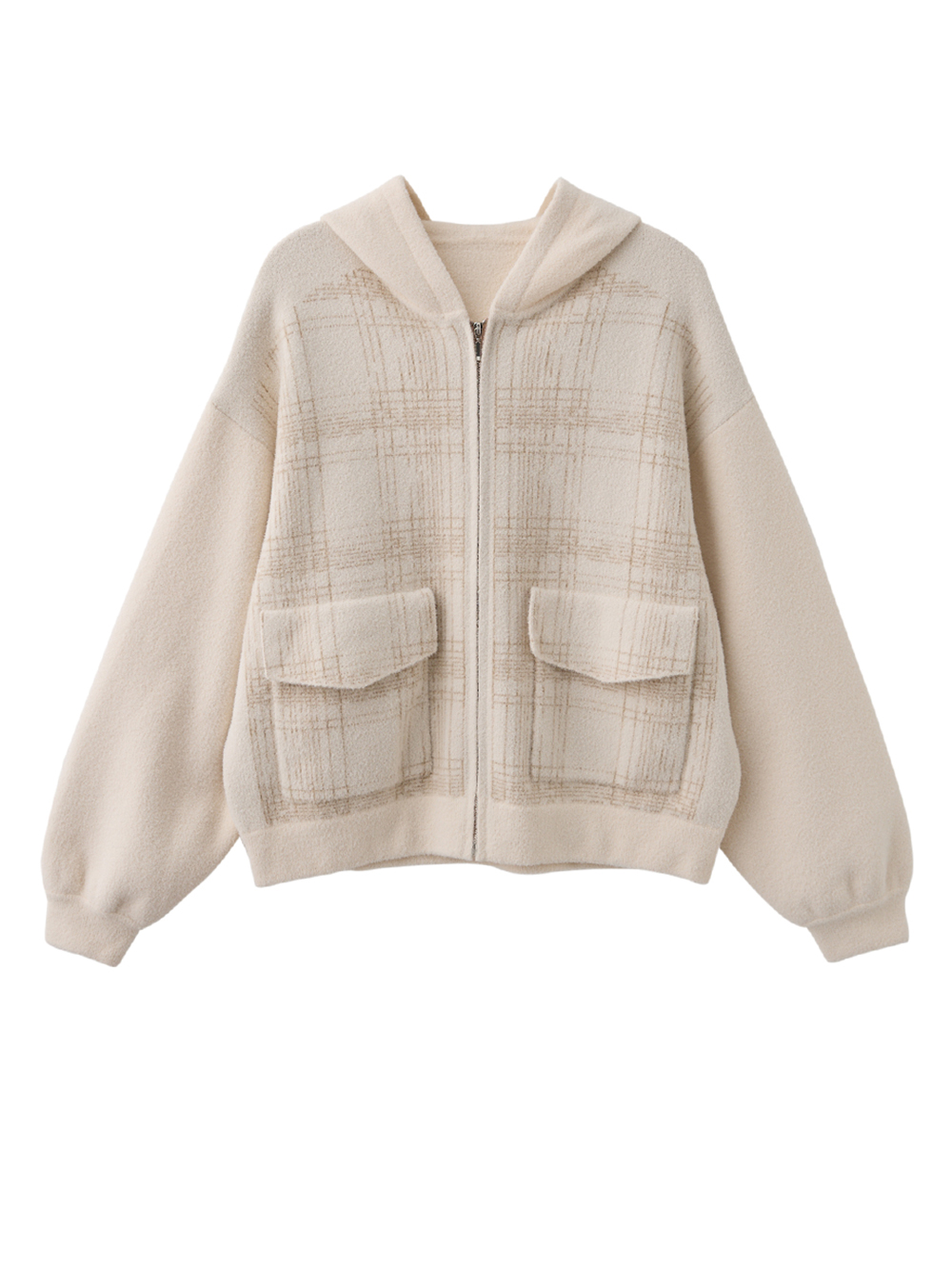 JOAN毛絨格紋針織連帽外套