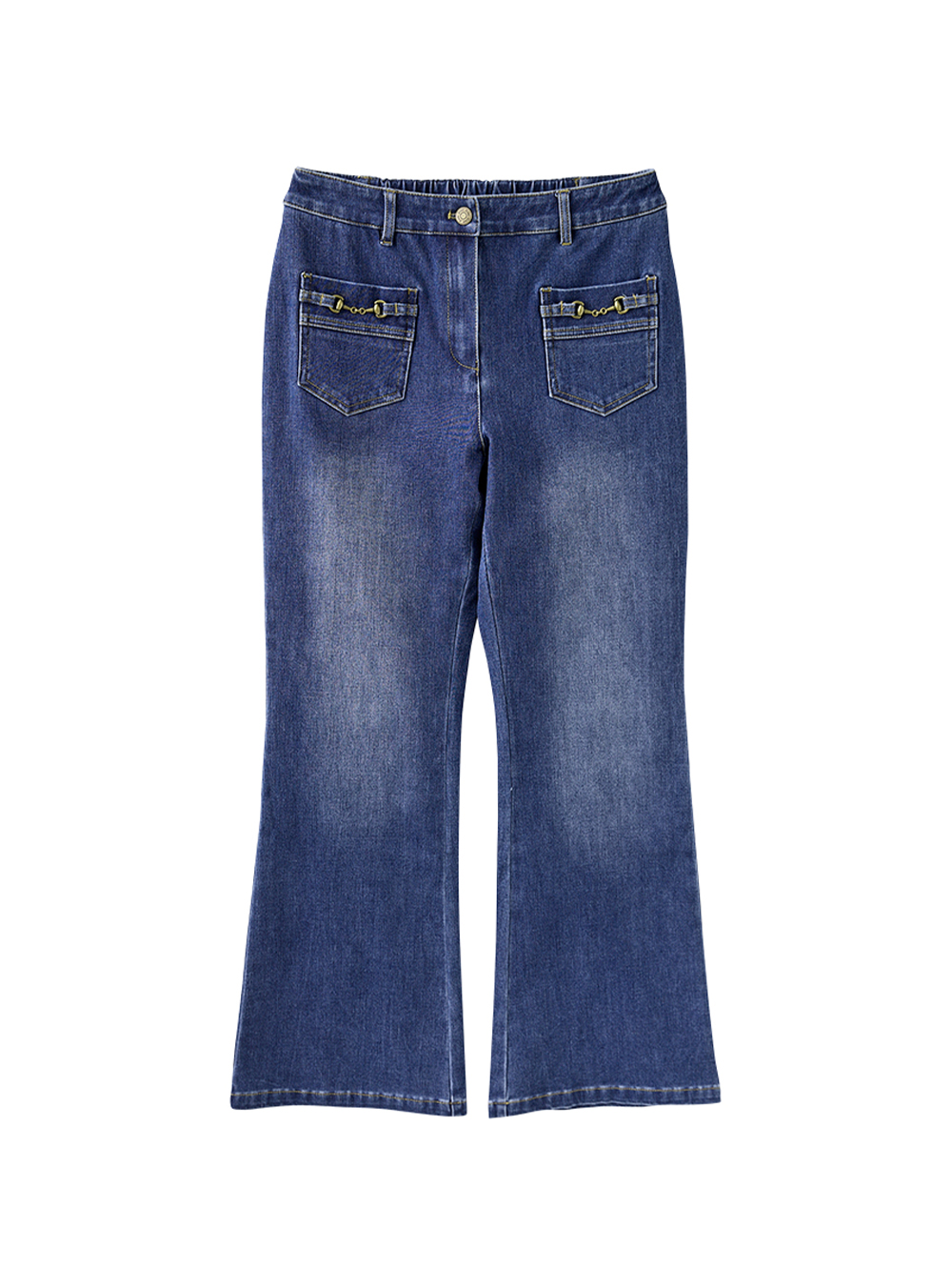 JOAN金屬鍊裝飾微喇叭牛仔褲