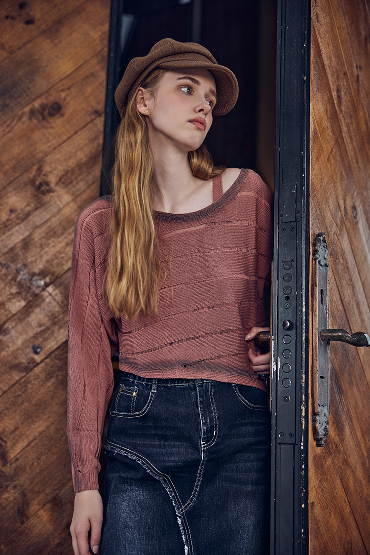 abito造型斜邊抽鬚牛仔裙