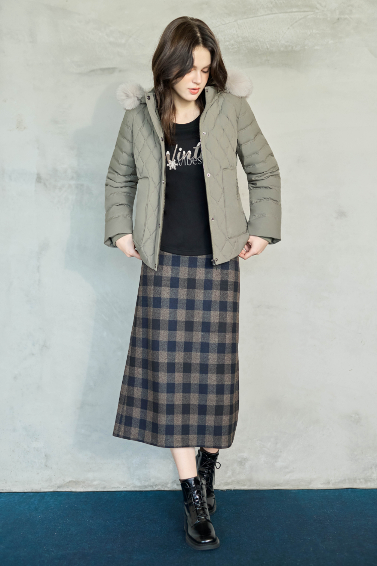 JOAN格紋緹花彈性鉛筆裙