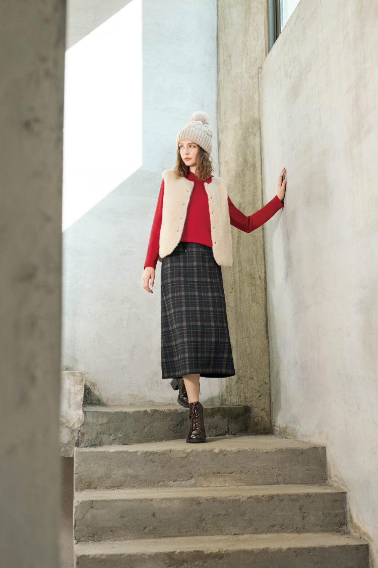 JOAN格紋緹花彈性鉛筆裙