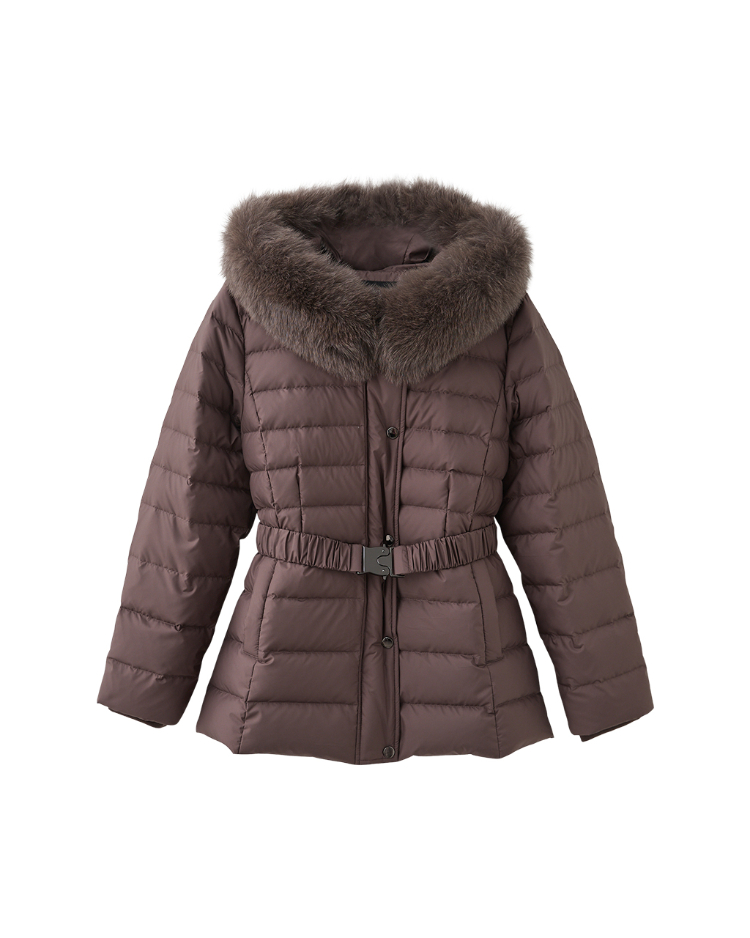 JOAN都市輕奢狐狸毛領腰帶羽絨外套