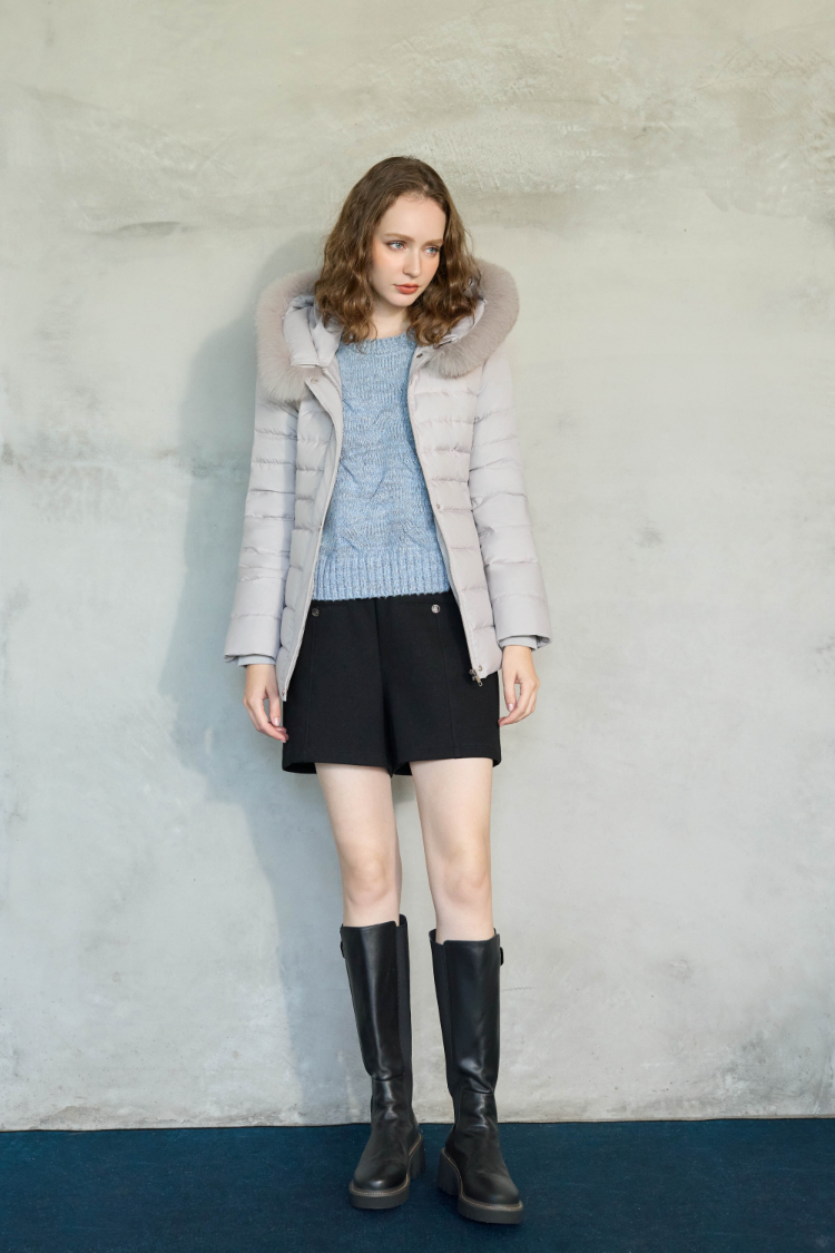 JOAN都市輕奢狐狸毛領腰帶羽絨外套