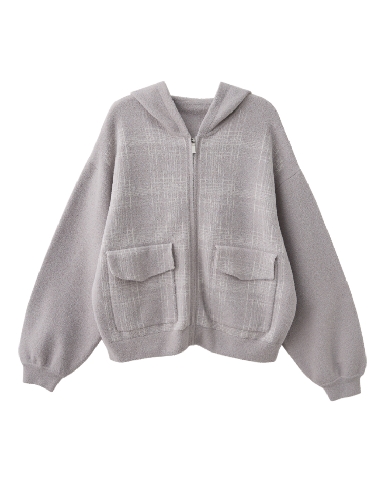 JOAN毛絨格紋針織連帽外套