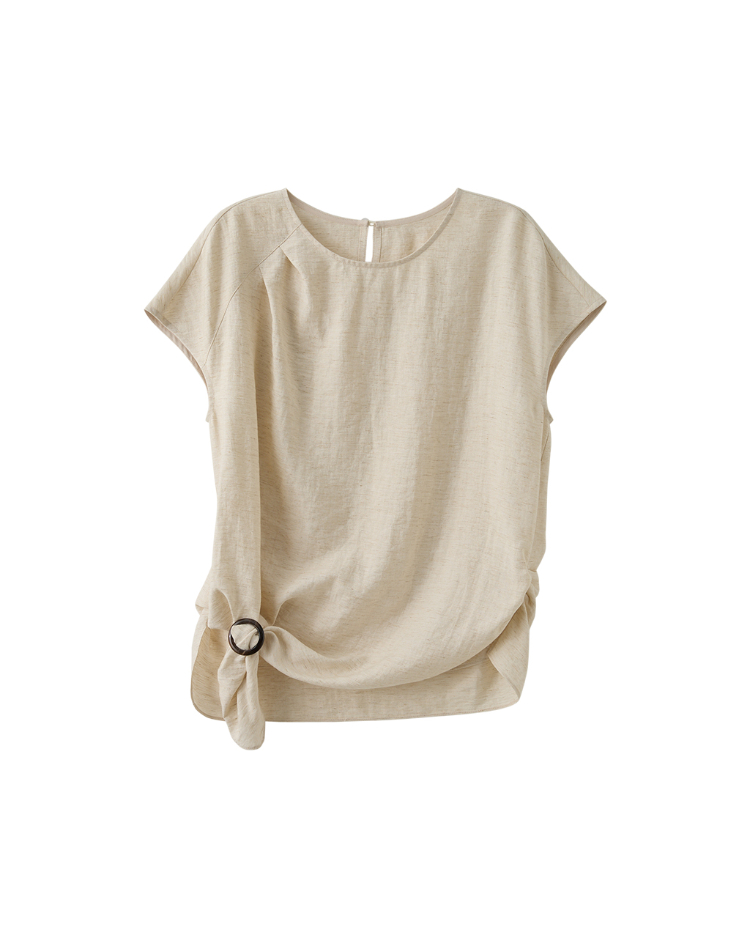 JOAN藝術印花側綁結輕透上衣