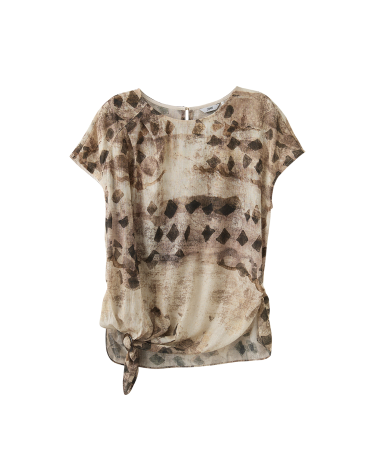 JOAN藝術印花側綁結輕透上衣