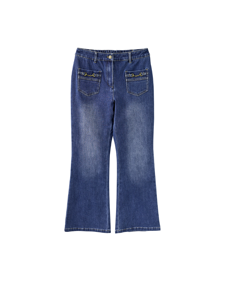 JOAN金屬鍊裝飾微喇叭牛仔褲