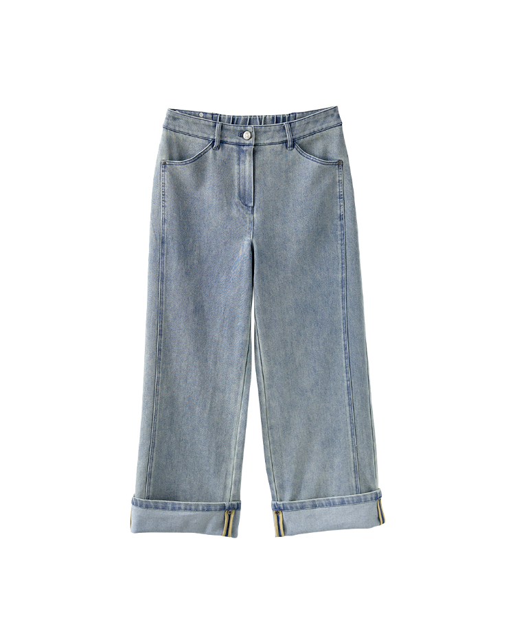 JOAN可反摺刷色牛仔寬褲