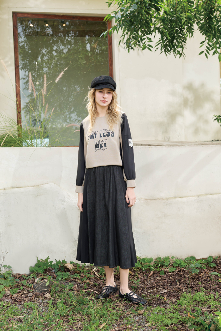 JOAN立體剪裁牛仔拼接中長裙