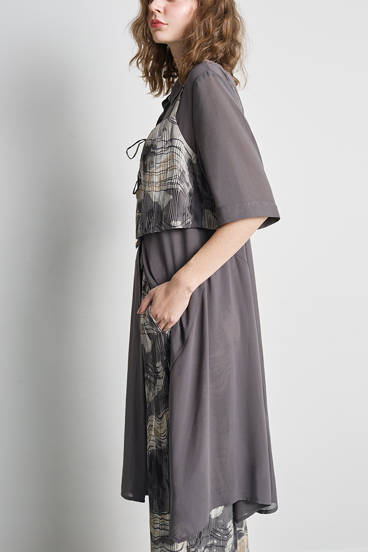 DE NOVO印花馬甲雪紡紗襯衫式洋裝