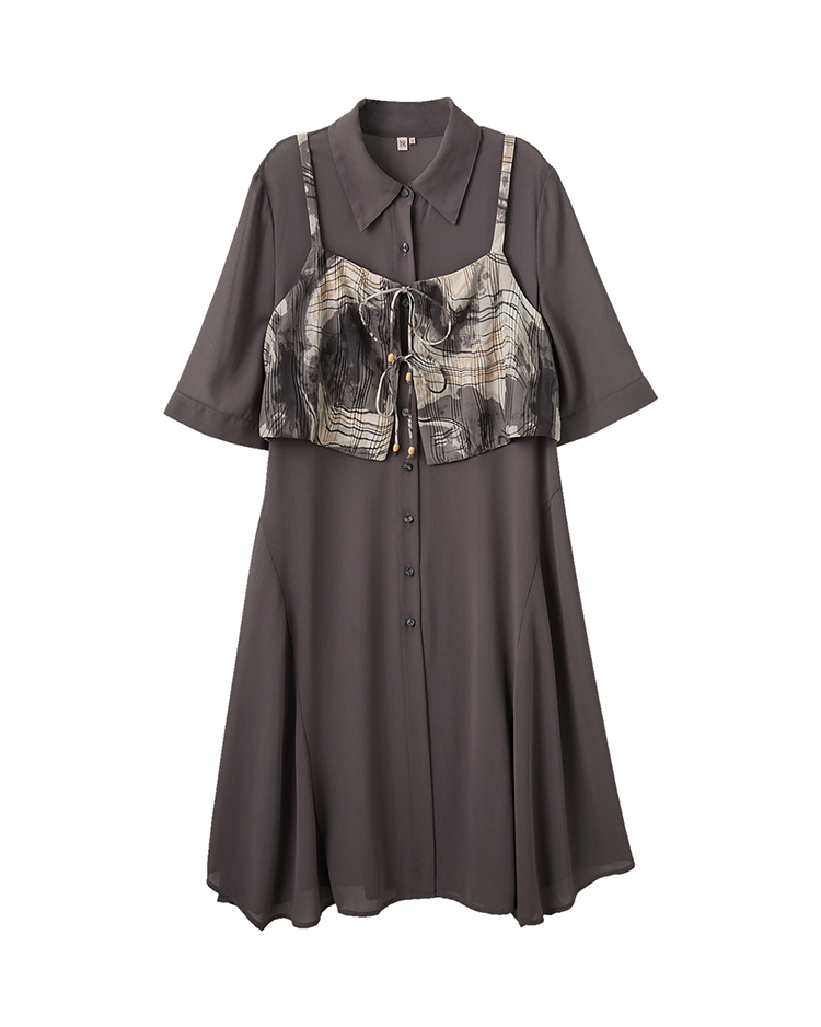 DE NOVO印花馬甲雪紡紗襯衫式洋裝