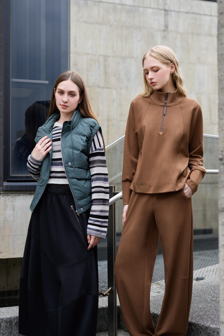 DENOVO羅紋拼接半開襟彈性上衣