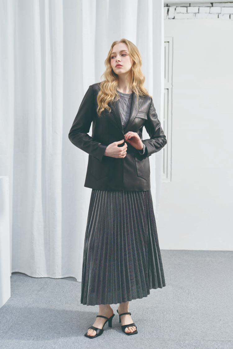 DENOVO低調奢華中長版真皮西裝外套