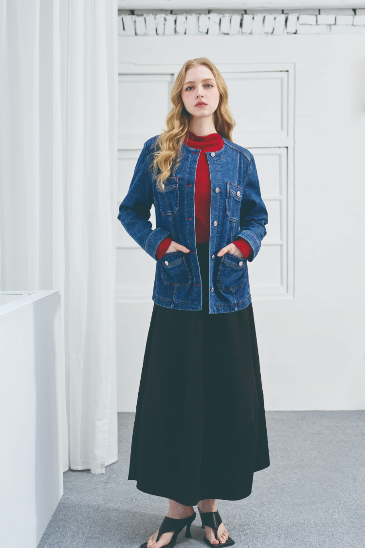 DENOVO輕磨毛口袋造型中長版牛仔外套