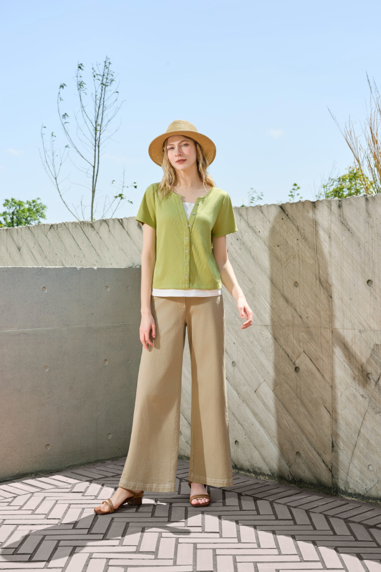 DENOVO輕膚坑條假兩件短袖上衣